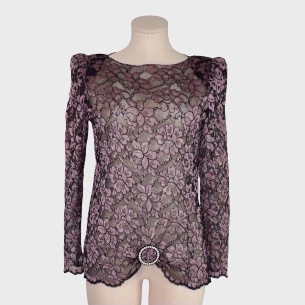 Vintage Black Lace Floral Top with Rhinestone Brooch Detail